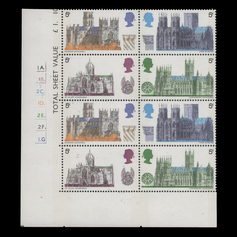 Great Britain 1969 (MNH) 5d Cathedrals cylinder 1A.–1B.–2C.–1D.–2E.–2F.–1G. block