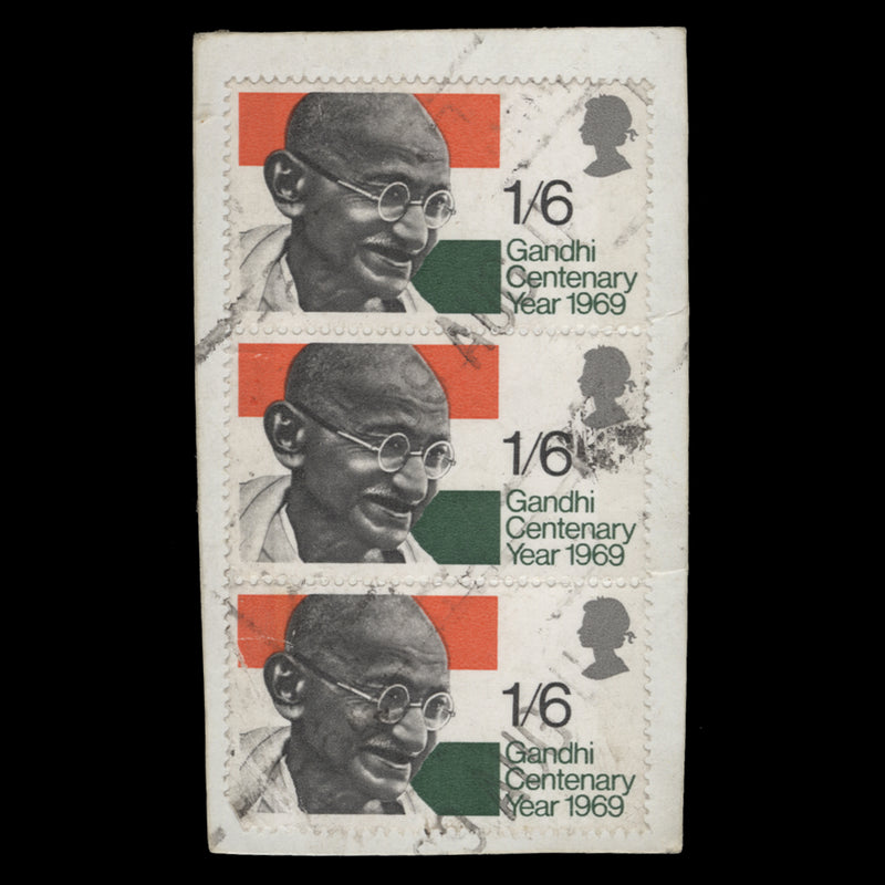Great Britain 1969 (Used) 1s6d Gandhi Centenary pre-release strip
