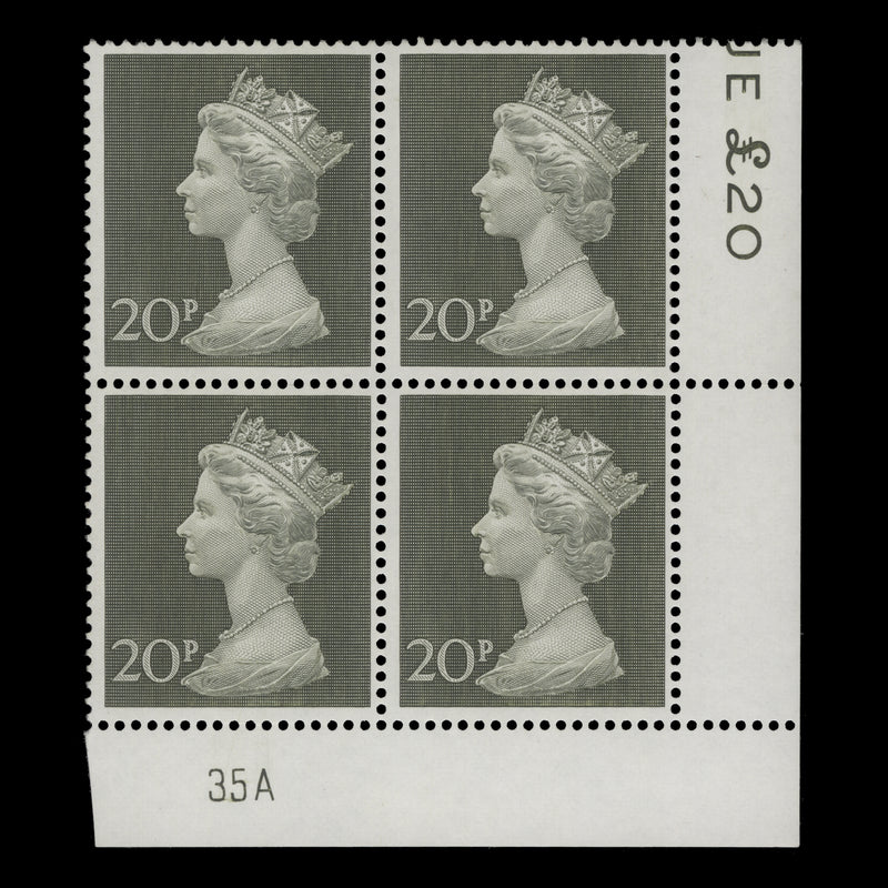 Great Britain 1970 (MNH) 20p Olive-Green plate 35A block