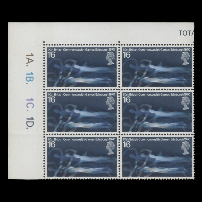 Great Britain 1970 (MNH) 1s6d Commonwealth Games plate 1A.–1B.–1C.–1D. block