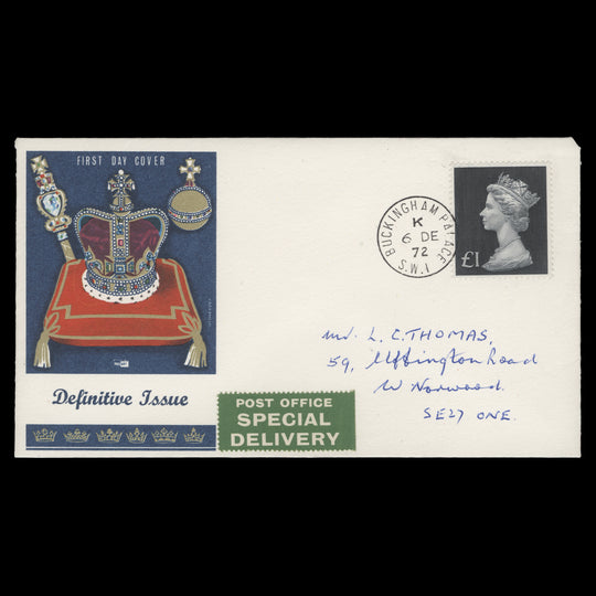 Great Britain 1972 (FDC) £1 Bluish Black, BUCKINGHAM PALACE