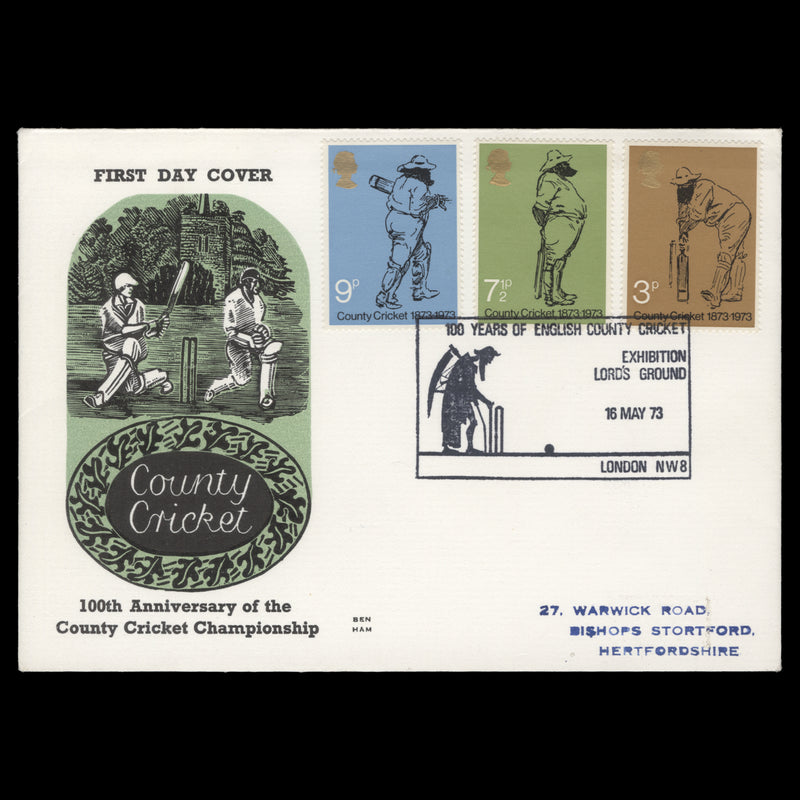 Great Britain 1973 (FDC) County Cricket, LONDON NW8
