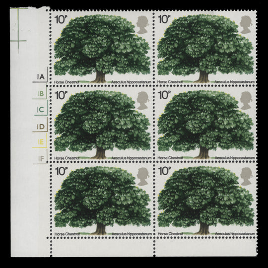 Great Britain 1974 (MNH) 10p British Trees cylinder no-dot block