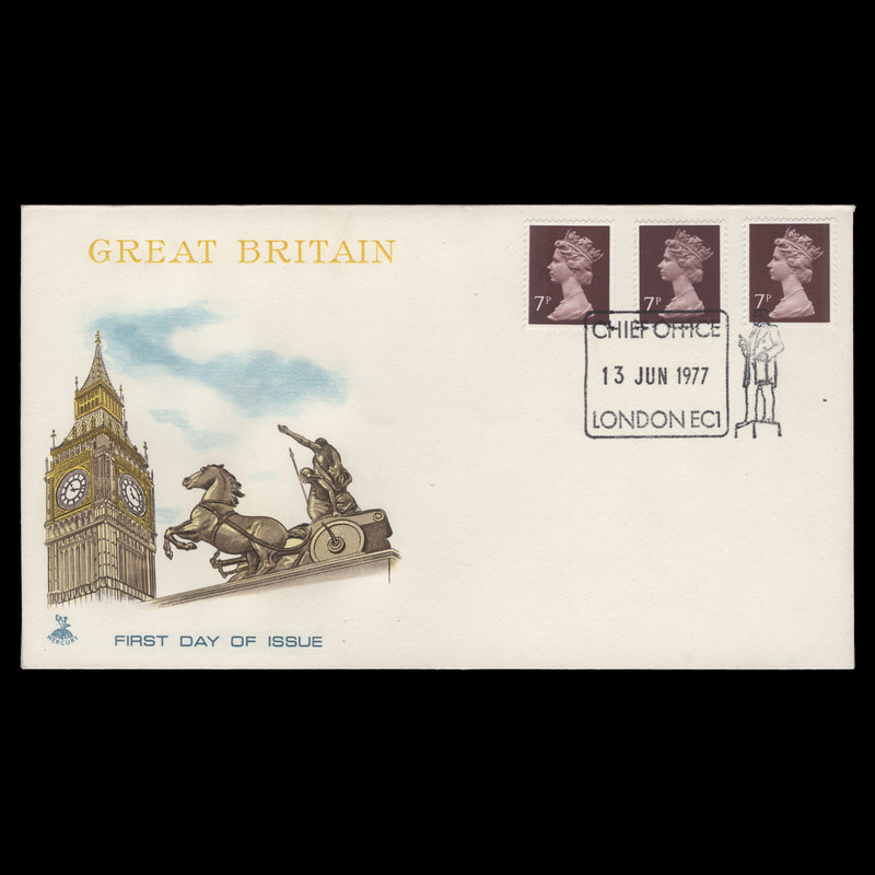 Great Britain 1977 (FDC) 7p Purple-Brown, CHIEF OFFICE