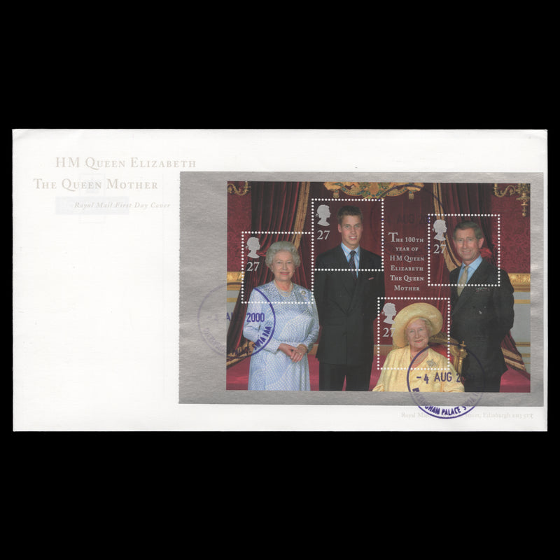 Great Britain 2000 Queen Mother's Birthday first day cover, BUCKINGHAM PALACE