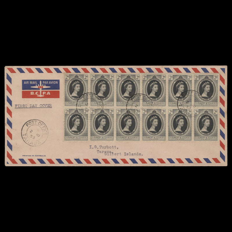 Gilbert & Ellice Islands 1953 (FDC) 2d Coronation block, TARAWA Media 1 of 1
