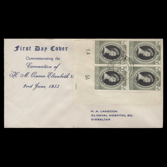 Gibraltar 1953 (FDC) ½d Coronation plate 1A–5A block