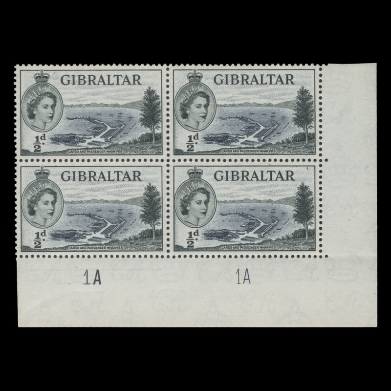 Gibraltar 1953 (MNH) ½d Cargo and Passenger Wharves plate 1A–1A block