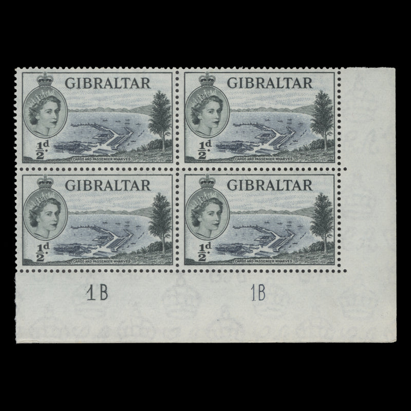 Gibraltar 1953 (MNH) ½d Cargo and Passenger Wharves plate 1B–1B block