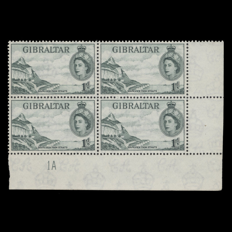Gibraltar 1953 (MNH) 1d South View from Straits plate 1A block