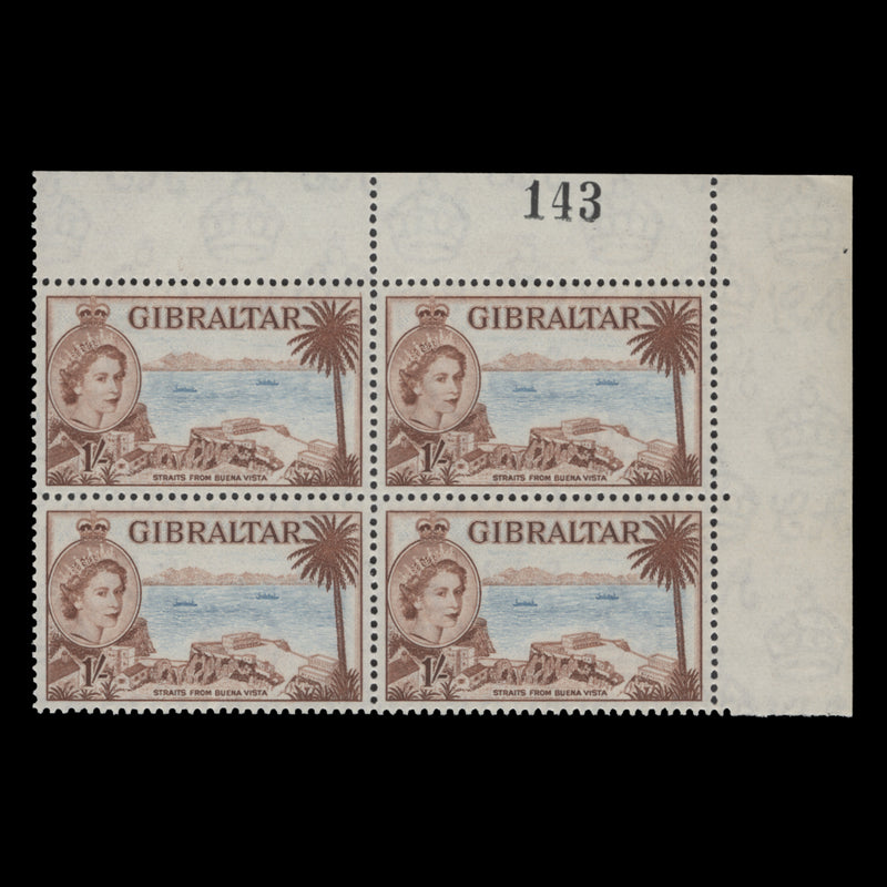 Gibraltar 1953 (MNH) 1s Straits from Buena Vista sheet number block