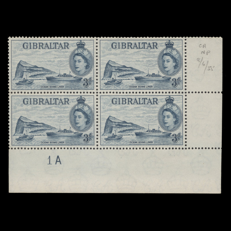 Gibraltar 1955 (MNH) 3d Ocean Going Liner plate 1A block in deep greenish blue