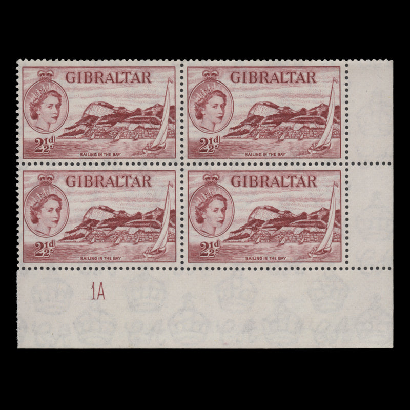 Gibraltar 1956 (MNH) 2½d Sailing in the Bay plate 1A block in deep carmine