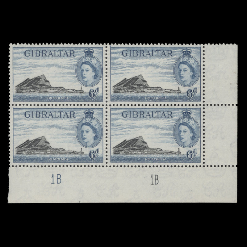Gibraltar 1957 (MNH) 6d Europa Point plate 1B–1B block in black and blue