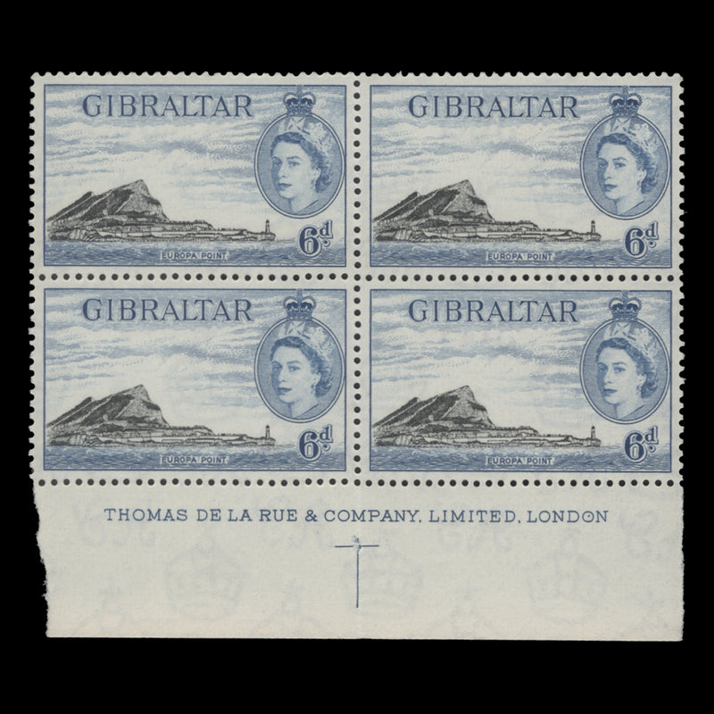 Gibraltar 1957 (MNH) 6d Europa Point imprint block in black and blue