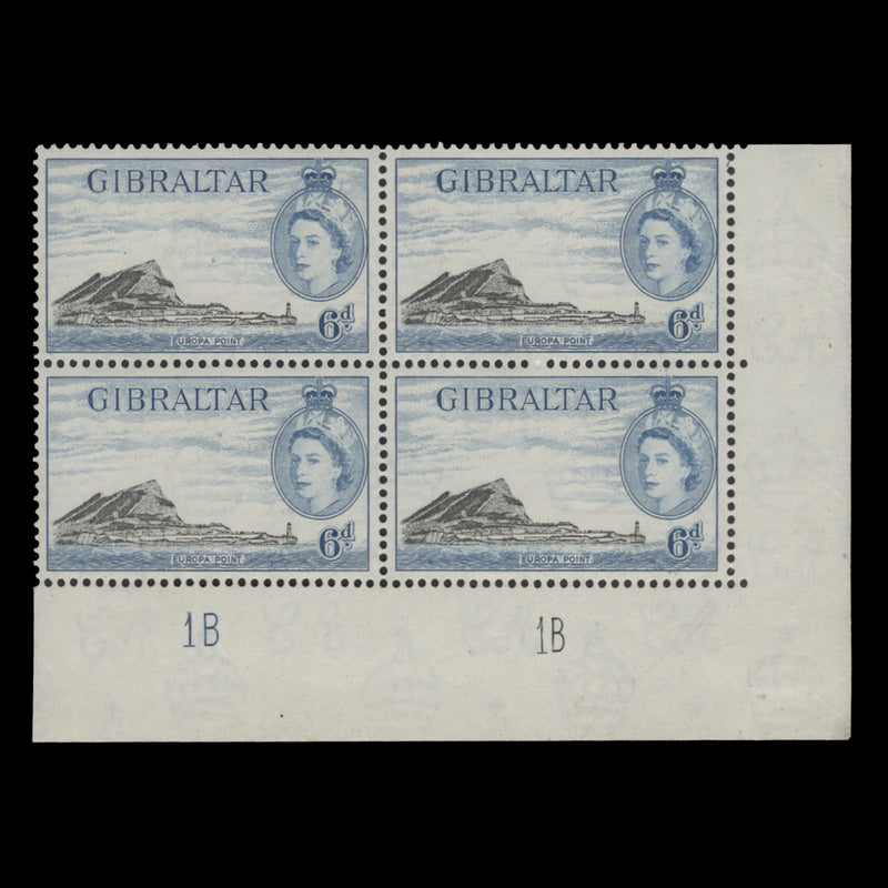 Gibraltar 1959 (MLH) 6d Europa Point plate 1B–1B block in black and grey-blue