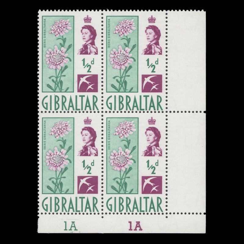Gibraltar 1960 (MNH) ½d Iberis Gibraltarica plate 1A–1A block