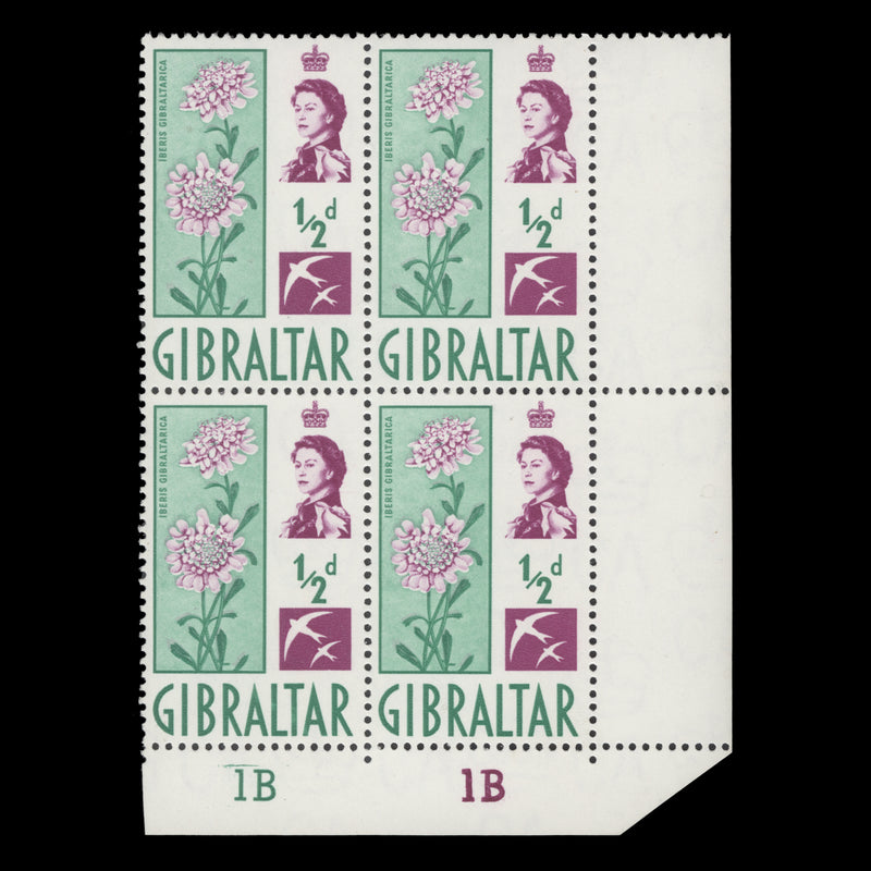 Gibraltar 1960 (MNH) ½d Iberis Gibraltarica plate 1B–1B block