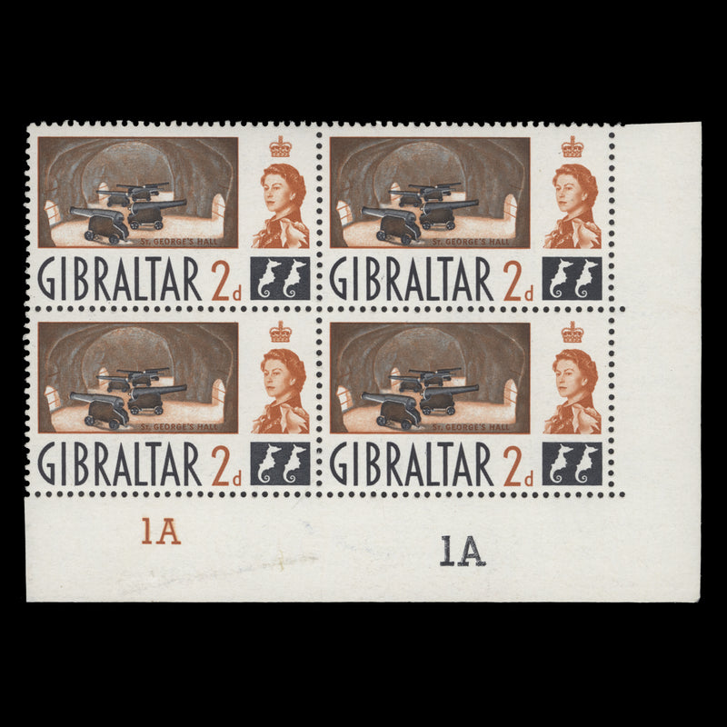 Gibraltar 1960 (MNH) 2d St George's Hall plate 1A–1A block