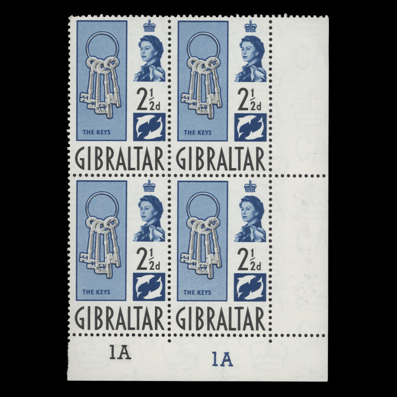 Gibraltar 1960 (MNH) 2½d The Keys plate 1A–1A block