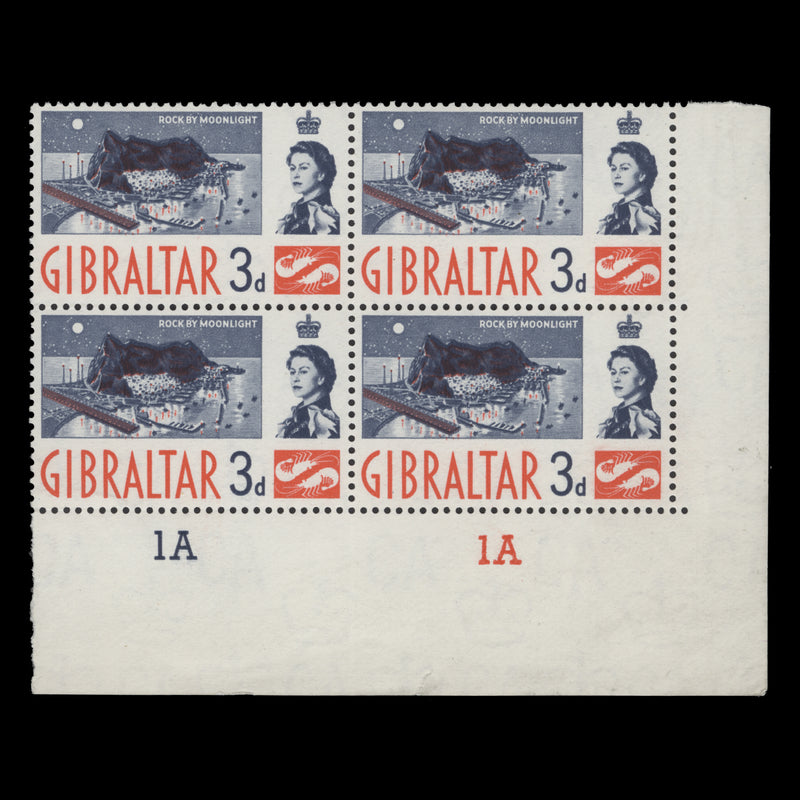 Gibraltar 1960 (MNH) 3d Rock by Moonlight plate 1A–1A block