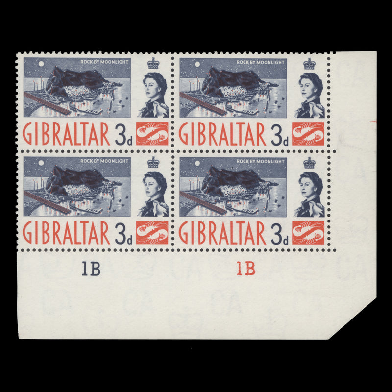 Gibraltar 1960 (MNH) 3d Rock by Moonlight plate 1B–1B block