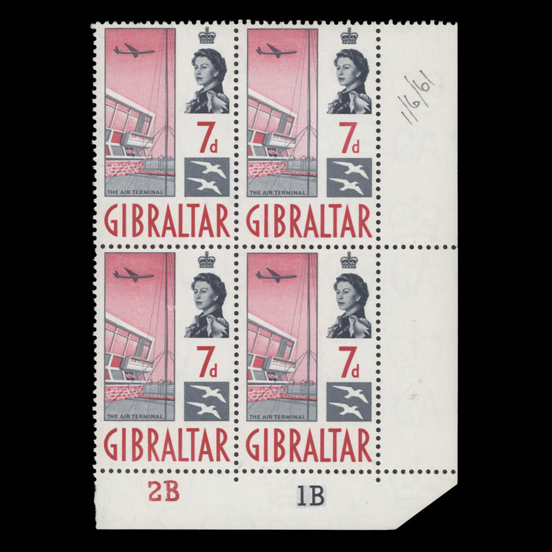 Gibraltar 1960 (MNH) 7d Air Terminal plate 2B–1B block