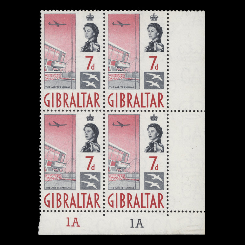 Gibraltar 1960 (MNH) 7d Air Terminal plate 1A–1A block