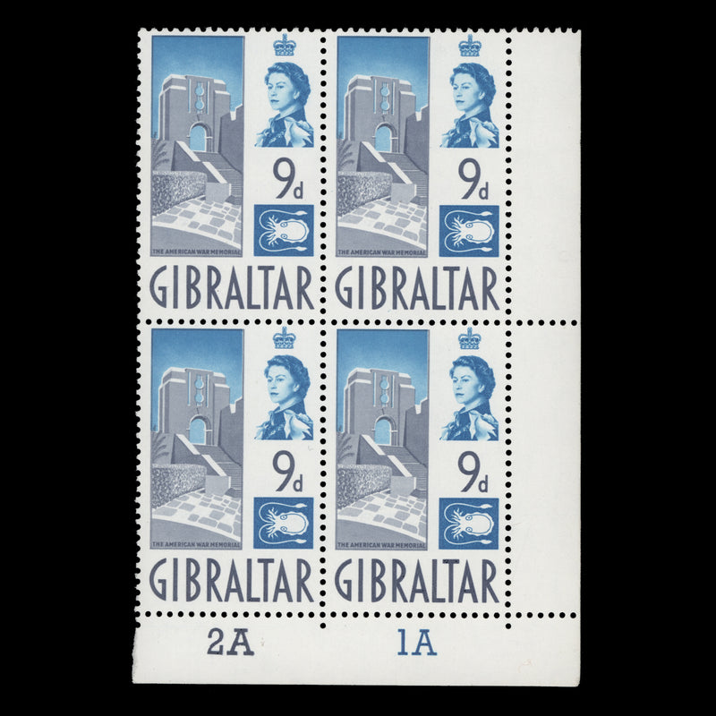 Gibraltar 1960 (MNH) 9d American War Memorial plate 2A–1A block
