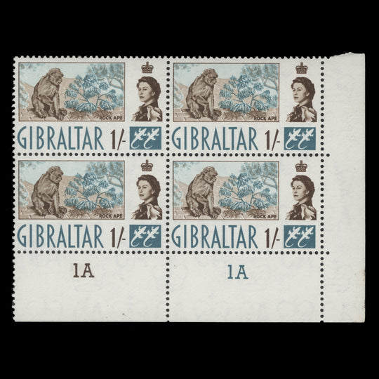 Gibraltar 1960 (MNH) 1s Barbary Ape plate 1A–1A block