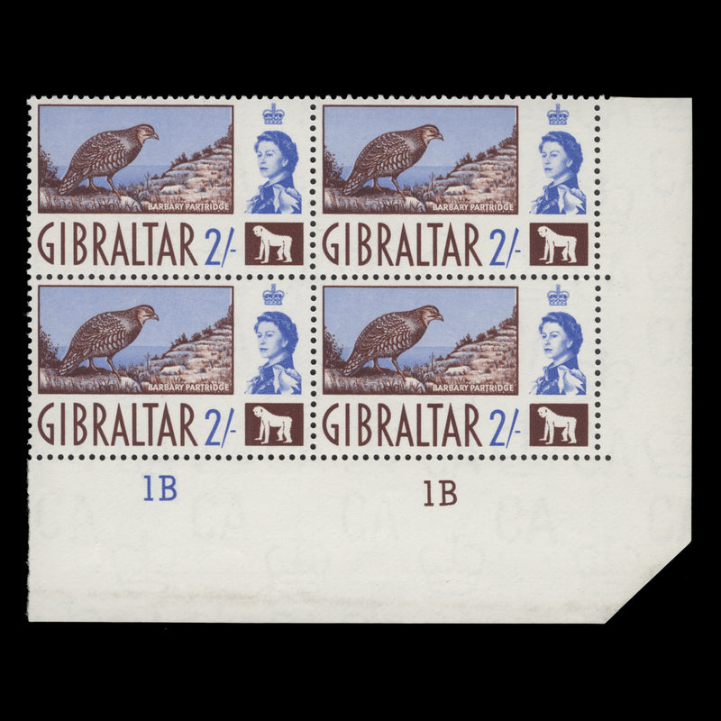 Gibraltar 1960 (MNH) 2s Barbary Partridge plate 1B–1B block