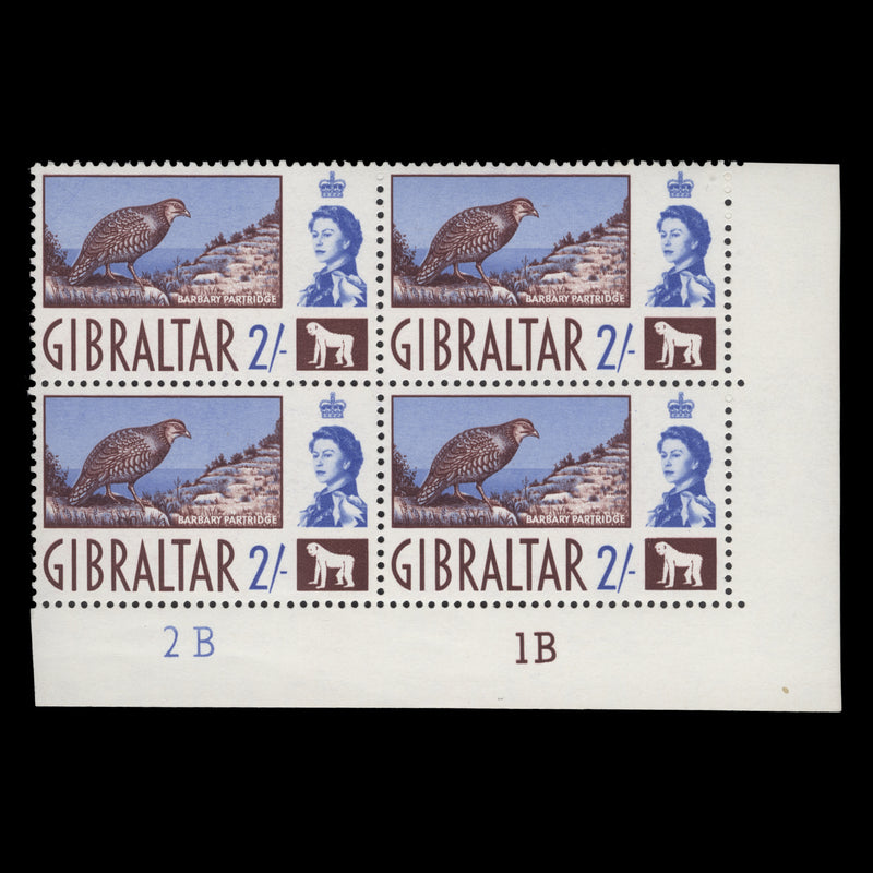 Gibraltar 1960 (MNH) 2s Barbary Partridge plate 2B–1B block