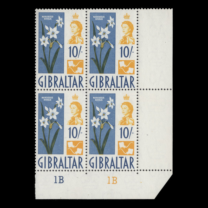 Gibraltar 1960 (MLH) 10s Narcissus Niveus plate 1B–1B block
