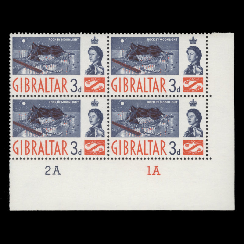 Gibraltar 1962 (MNH) 3d Rock by Moonlight plate 2A–1A block