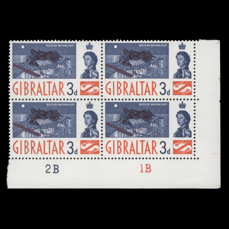 Gibraltar 1962 (MNH) 3d Rock by Moonlight plate 2B–1B block