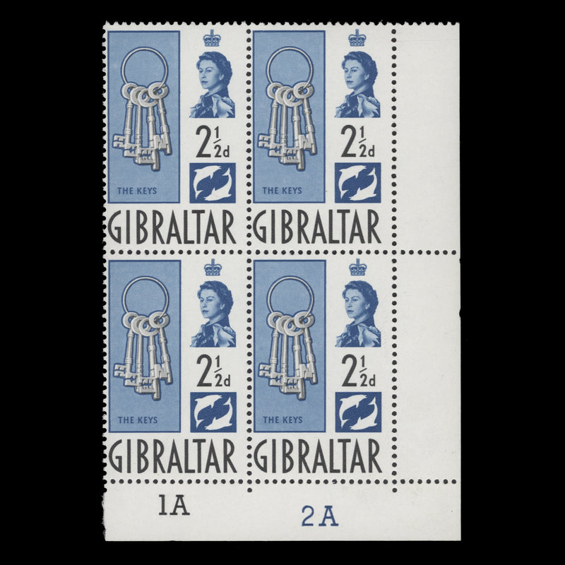 Gibraltar 1962 (MNH) 2½d The Keys plate 1A–2A block