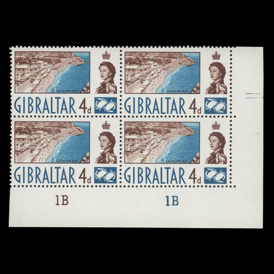 Gibraltar 1966 (MNH) 4d Catalan Bay plate 1B–1B block, sideways watermark