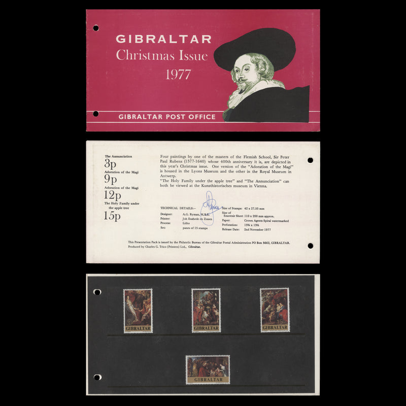 Gibraltar 1977 Christmas presentation pack signed by Freddy Ryman