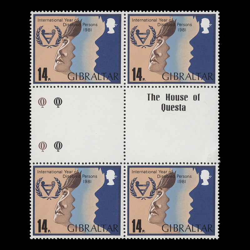 Gibraltar 1981 (Variety) 14p Year for Disabled Persons block with emblem dot flaw
