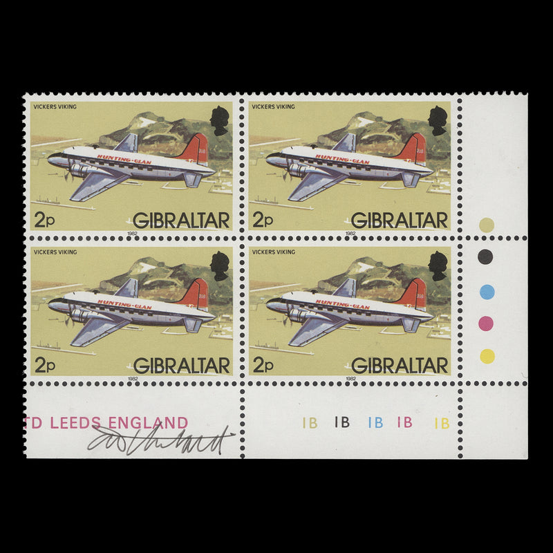 Gibraltar 1982 (MNH) 2p Vickers Viking plate block signed by designer