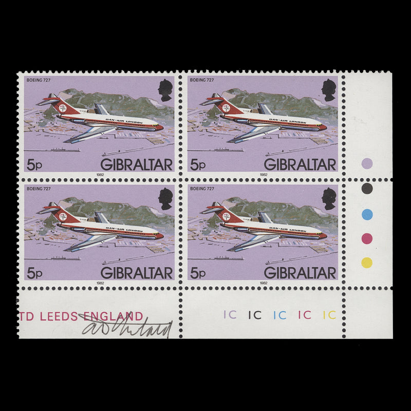 Gibraltar 1982 (MNH) 5p Boeing 727 plate block signed by Tony Theobald