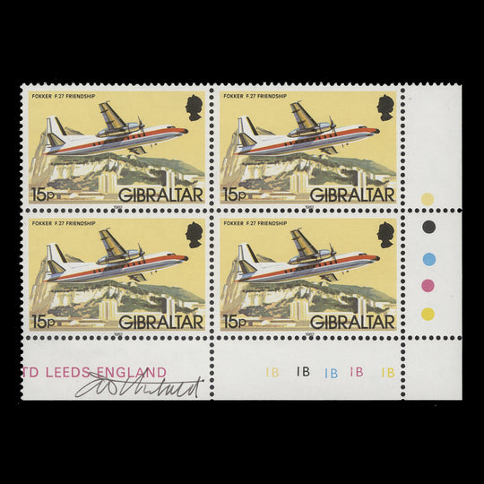 Gibraltar 1982 (MNH) 15p Focker F27 Friendship plate block signed by deisgner