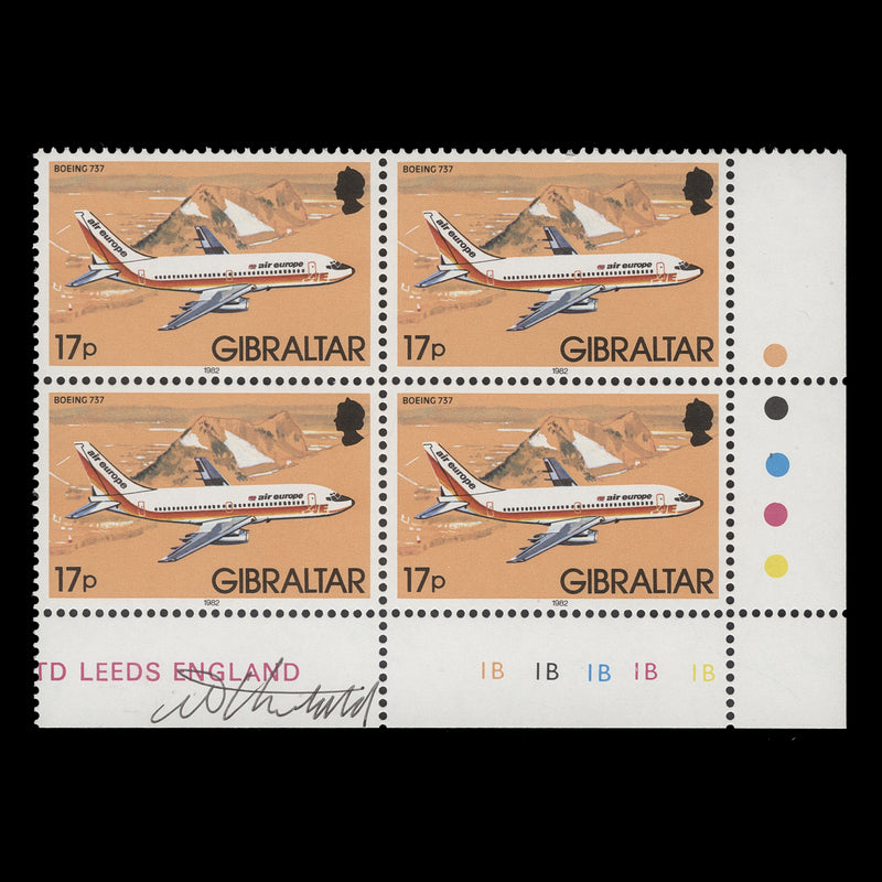 Gibraltar 1982 (MNH) 17p Boeing 737 plate block signed by Tony Theobald