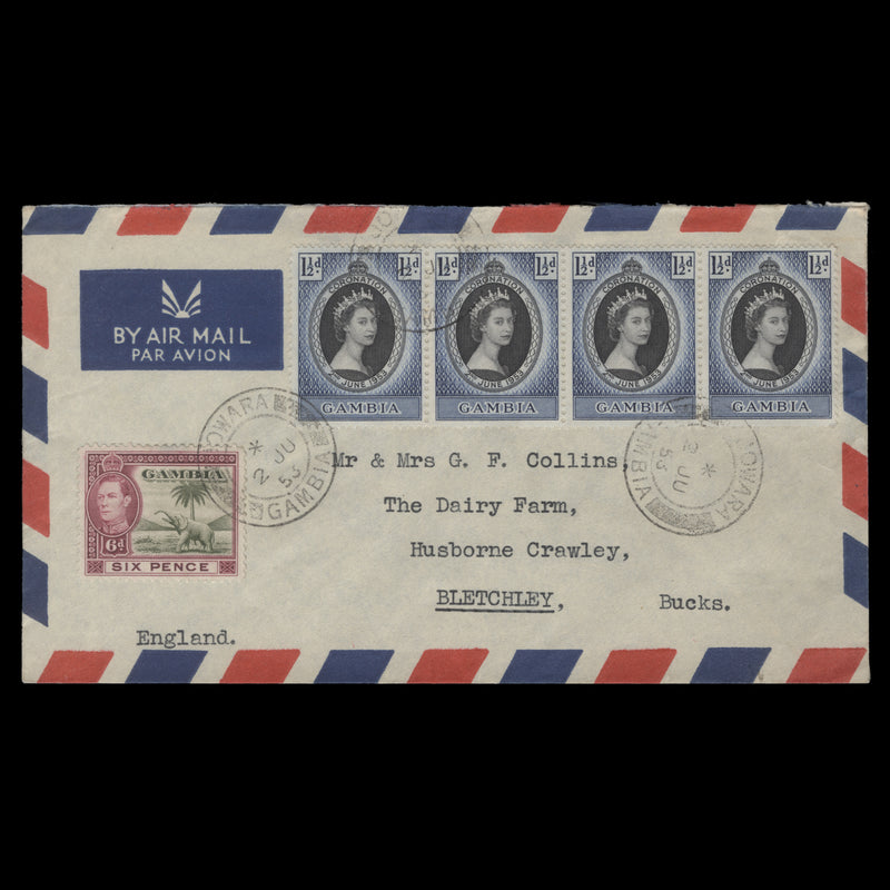 Gambia 1953 (FDC) 1½d Coronation strip, JOWARA
