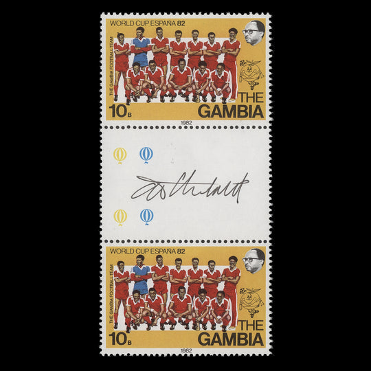 Gambia 1982 World Cup Football, Spain gutter pair signed by designer