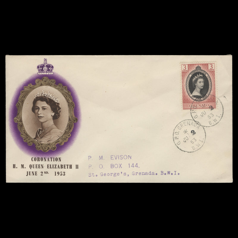 Grenada 1953 Coronation cover with overprinted day slug