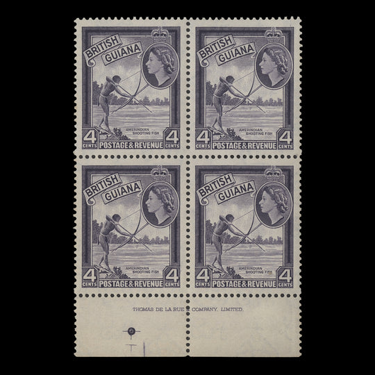 British Guiana 1961 (MNH) 4c Amerindian Shooting Fish imprint block, De La Rue