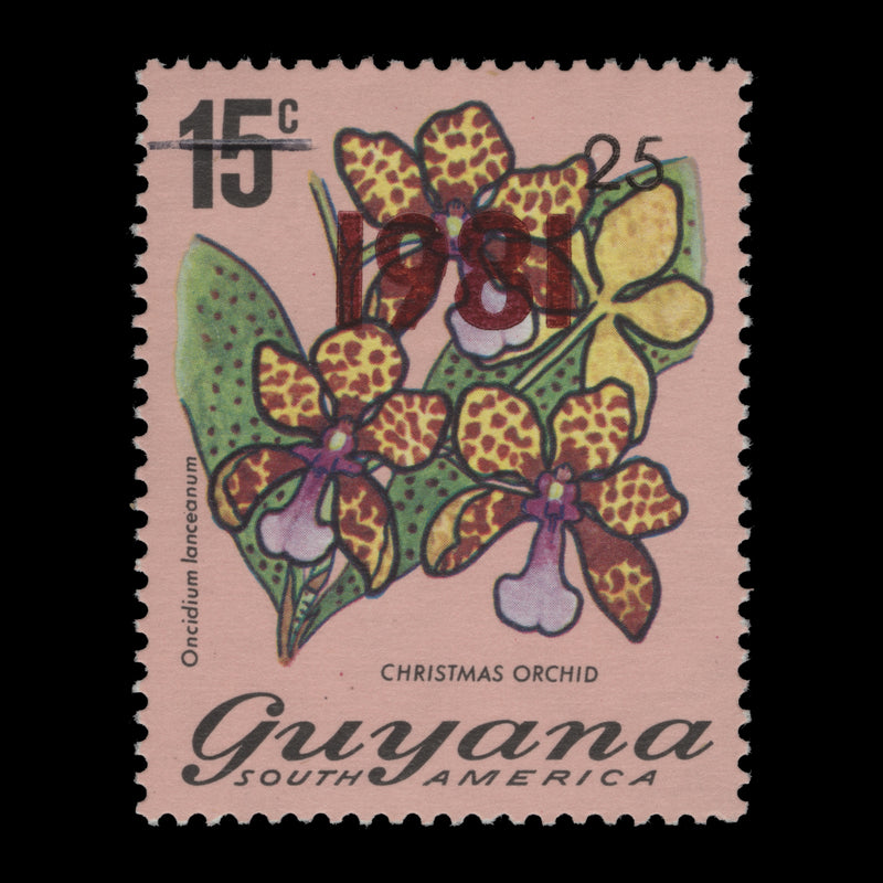 Guyana 1984 (MNH) 25c/15c Christmas Orchid provisional, pen obliterator