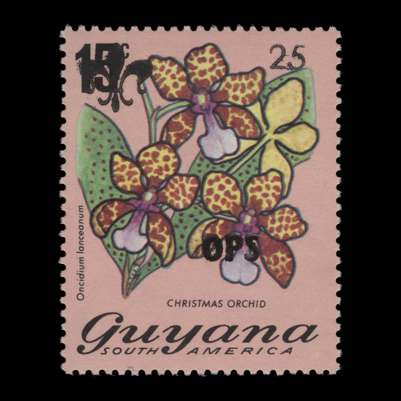 Guyana 1984 (MNH) 25c/15c Christmas Orchid provisional, fleur-de-lys obliterator