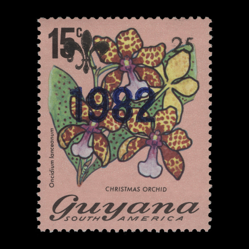 Guyana 1984 (MNH) 25c/15c Christmas Orchid provisional, fleur-de-lys obliterator  Media 1 of 1